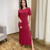 Vestido Longo Manga Curta sem Bojo de Malha Vinho - Fernanda Ramos Store