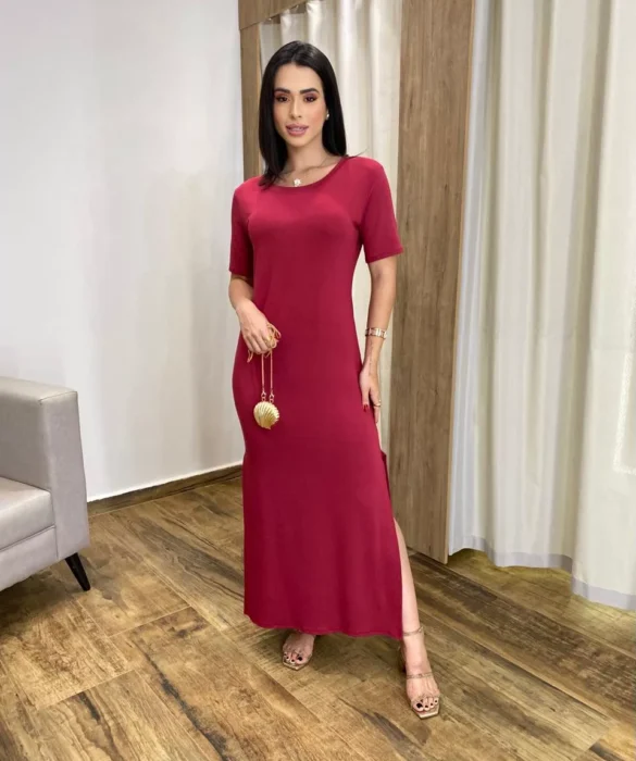 Vestido Longo Manga Curta sem Bojo de Malha Vinho - Fernanda Ramos Store