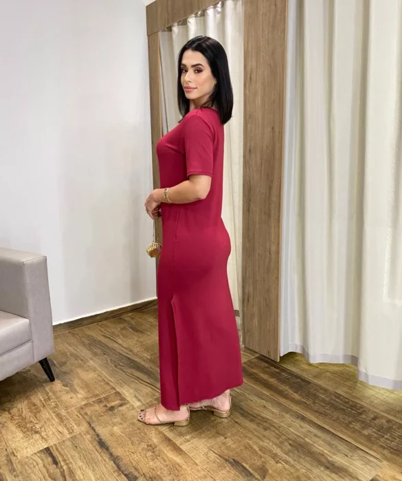 Vestido Longo Manga Curta sem Bojo de Malha Vinho - Fernanda Ramos Store