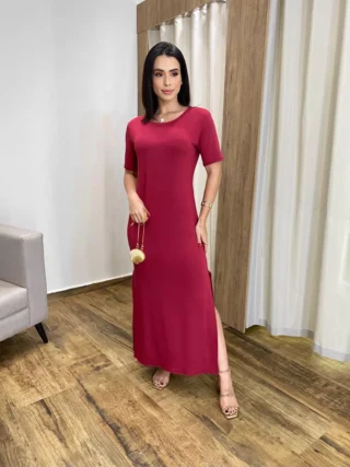 Vestido Longo Manga Curta sem Bojo de Malha Vinho - Fernanda Ramos Store