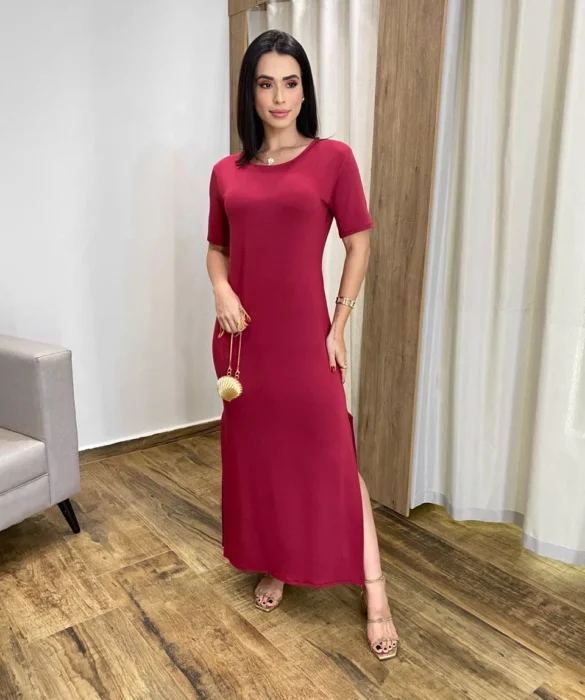 Vestido Longo Manga Curta sem Bojo de Malha Vinho - Fernanda Ramos Store