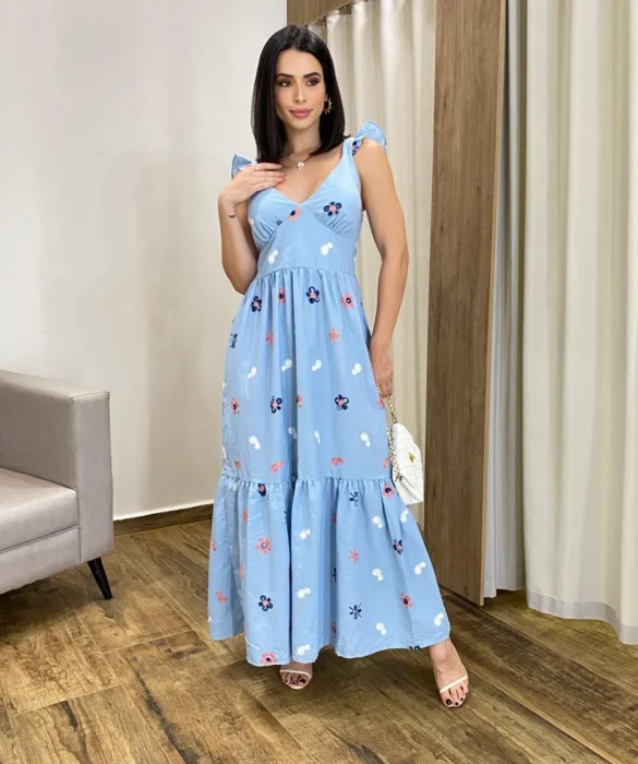 Vestido Longo sem Bojo Aurora Bordado Azul - Fernanda Ramos Store