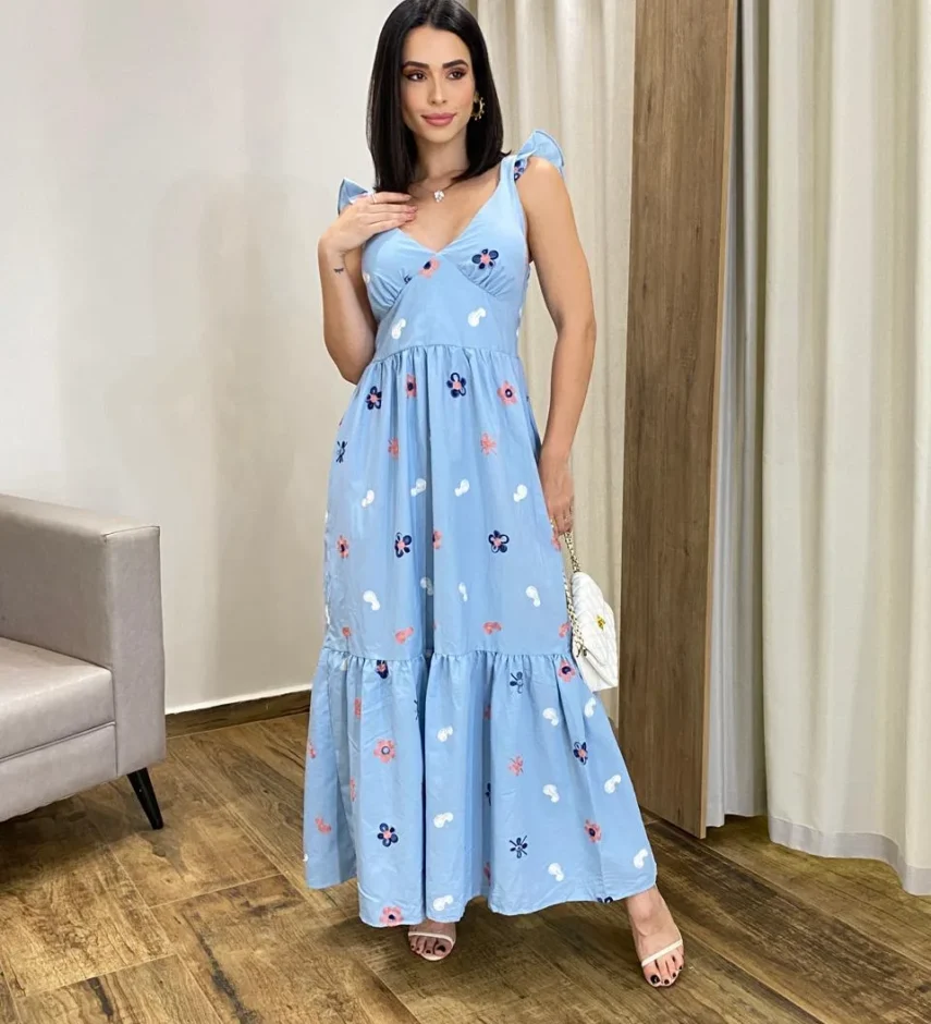 Vestido Longo sem Bojo Aurora Bordado Azul - Fernanda Ramos Store