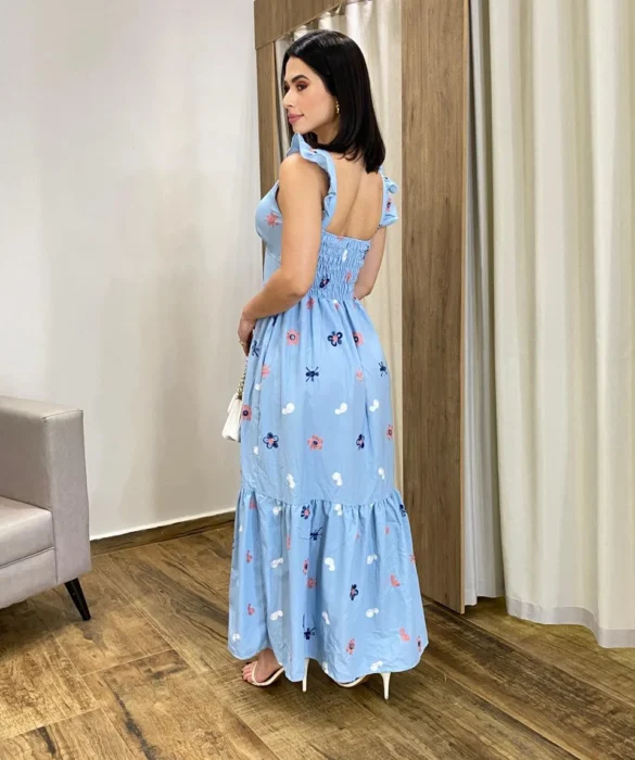 Vestido Longo sem Bojo Aurora Bordado Azul - Fernanda Ramos Store