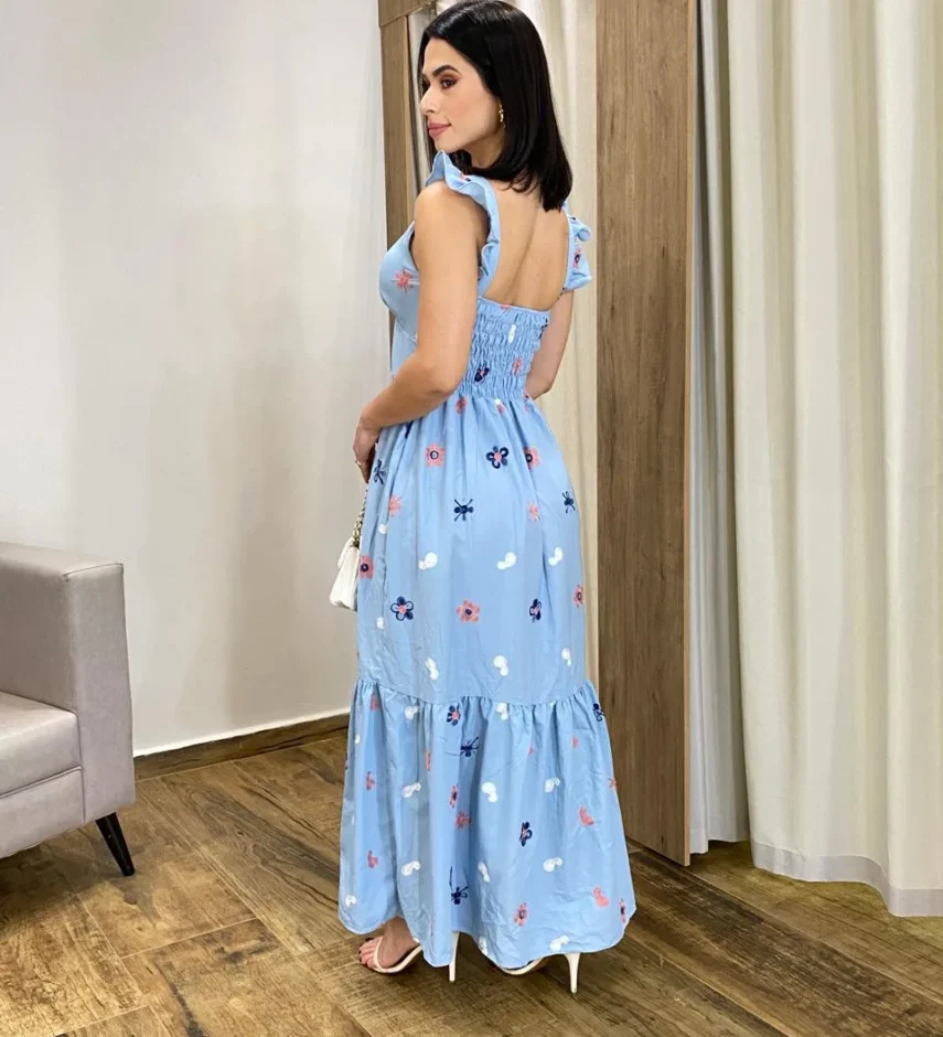 Vestido Longo sem Bojo Aurora Bordado Azul - Fernanda Ramos Store