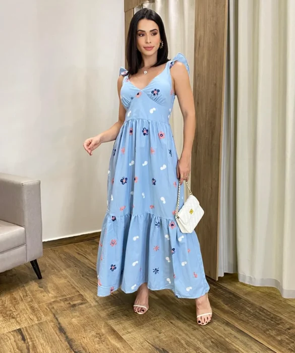 Vestido Longo sem Bojo Aurora Bordado Azul - Fernanda Ramos Store