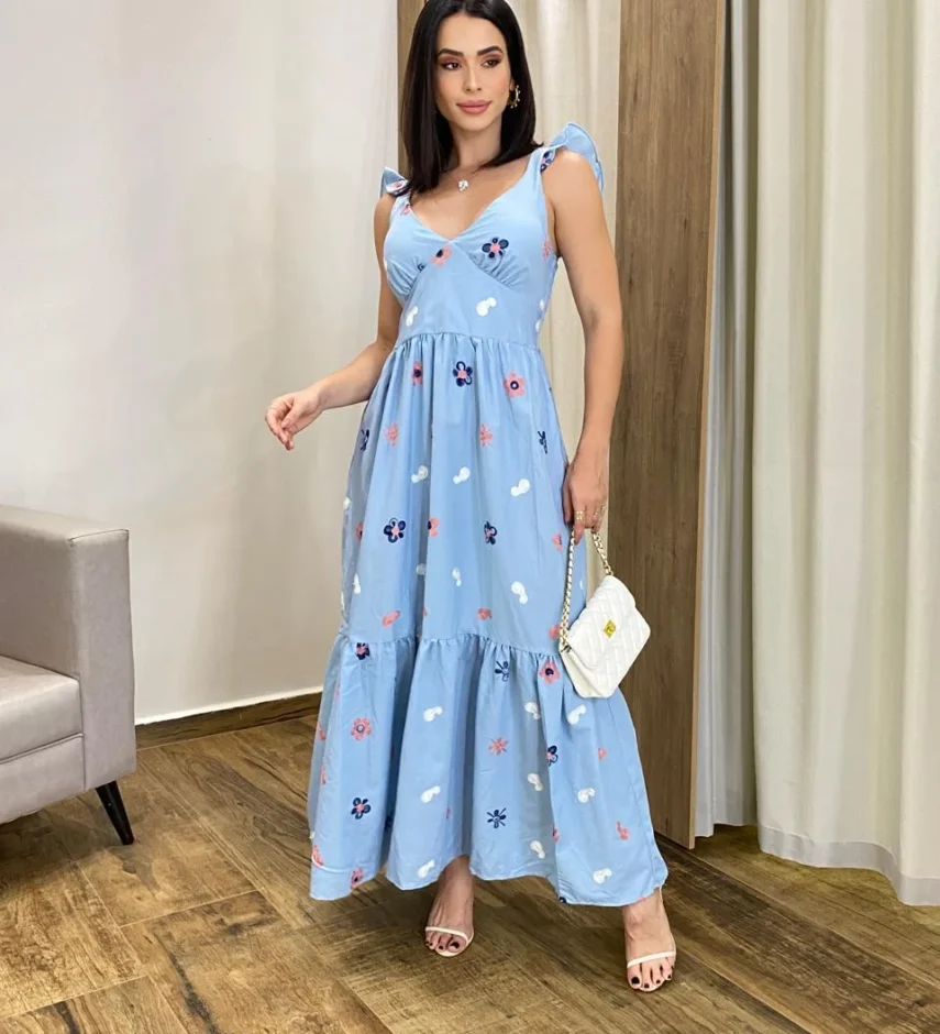 Vestido Longo sem Bojo Aurora Bordado Azul - Fernanda Ramos Store