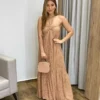 Vestido Longo sem Bojo com Amarração no Pescoço Bege Listrado - Fernanda Ramos Store