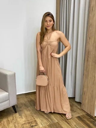 Vestido Longo sem Bojo com Amarração no Pescoço Bege Listrado - Fernanda Ramos Store