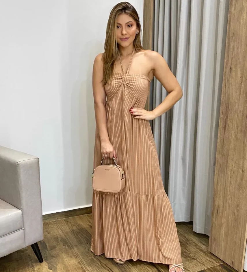 Vestido Longo sem Bojo com Amarração no Pescoço Bege Listrado - Fernanda Ramos Store