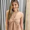 Vestido Longo sem Bojo com Amarração no Pescoço Bege Listrado - Fernanda Ramos Store