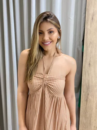 Vestido Longo sem Bojo com Amarração no Pescoço Bege Listrado - Fernanda Ramos Store