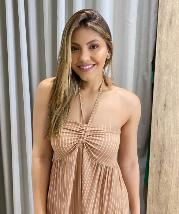 Vestido Longo sem Bojo com Amarração no Pescoço Bege Listrado - Fernanda Ramos Store