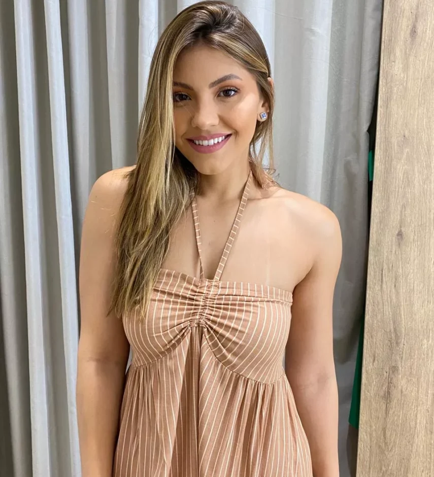 Vestido Longo sem Bojo com Amarração no Pescoço Bege Listrado - Fernanda Ramos Store