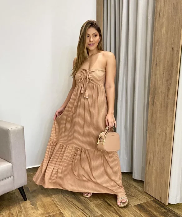 Vestido Longo sem Bojo com Amarração no Pescoço Bege Listrado - Fernanda Ramos Store