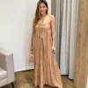 Vestido Longo sem Bojo com Amarração no Pescoço Bege Listrado - Fernanda Ramos Store