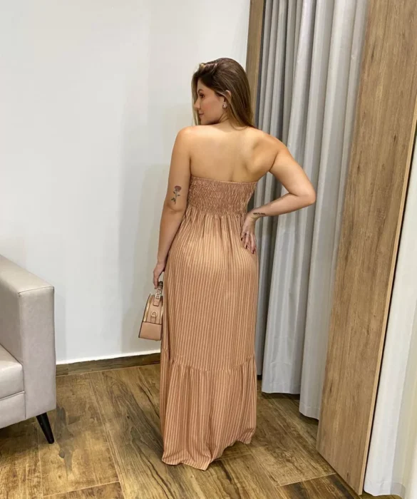 Vestido Longo sem Bojo com Amarração no Pescoço Bege Listrado - Fernanda Ramos Store