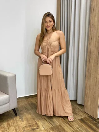 Vestido Longo sem Bojo com Amarração no Pescoço Bege Listrado - Fernanda Ramos Store