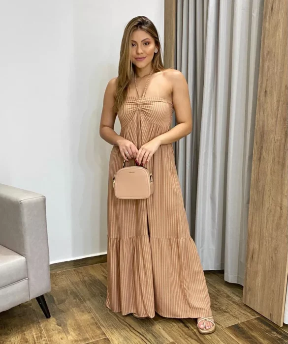 Vestido Longo sem Bojo com Amarração no Pescoço Bege Listrado - Fernanda Ramos Store