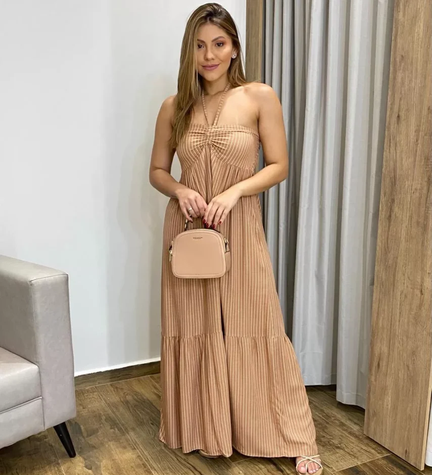 Vestido Longo sem Bojo com Amarração no Pescoço Bege Listrado - Fernanda Ramos Store
