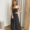 Vestido Longo sem Bojo com Amarração no Pescoço Preto Listrado - Fernanda Ramos Store