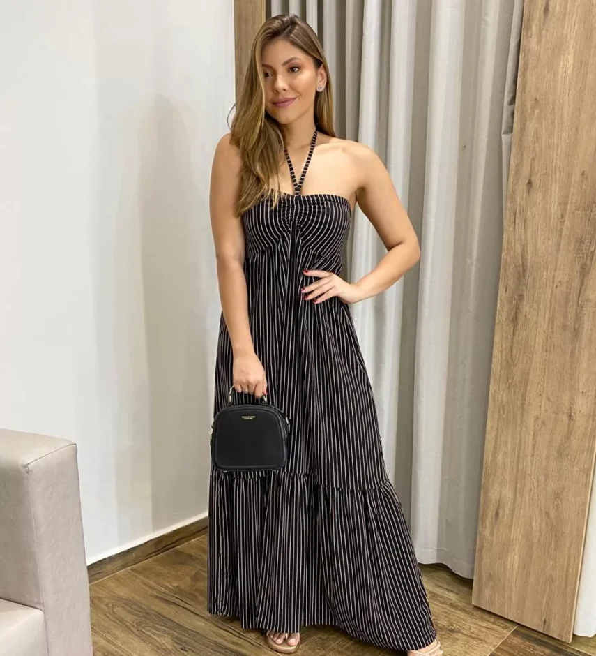 Vestido Longo sem Bojo com Amarração no Pescoço Preto Listrado - Fernanda Ramos Store