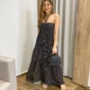 Vestido Longo sem Bojo com Amarração no Pescoço Preto Listrado - Fernanda Ramos Store