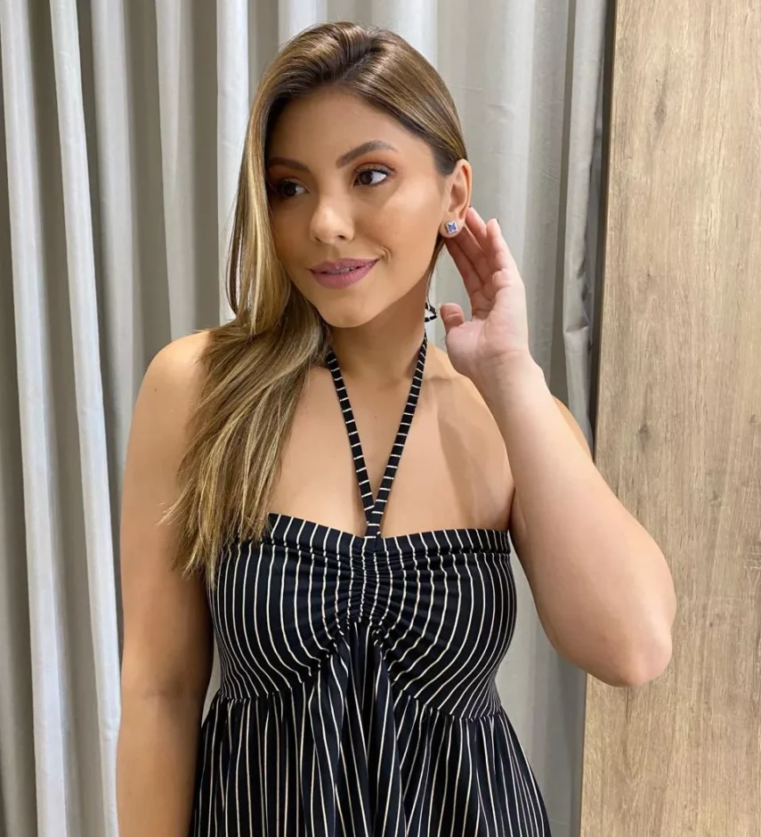 Vestido Longo sem Bojo com Amarração no Pescoço Preto Listrado - Fernanda Ramos Store