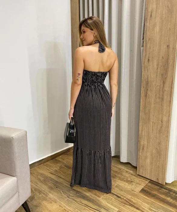 Vestido Longo sem Bojo com Amarração no Pescoço Preto Listrado - Fernanda Ramos Store