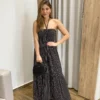 Vestido Longo sem Bojo com Amarração no Pescoço Preto Listrado - Fernanda Ramos Store