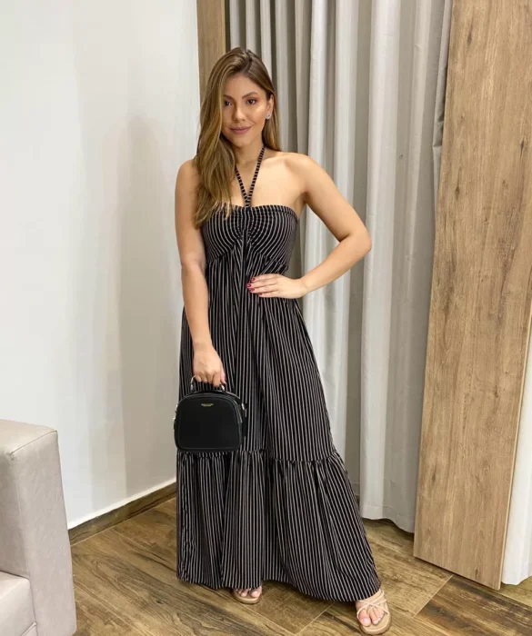 Vestido Longo sem Bojo com Amarração no Pescoço Preto Listrado - Fernanda Ramos Store