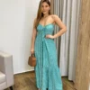 Vestido Longo sem Bojo com Amarração no Pescoço Verde Água Listrado - Fernanda Ramos Store