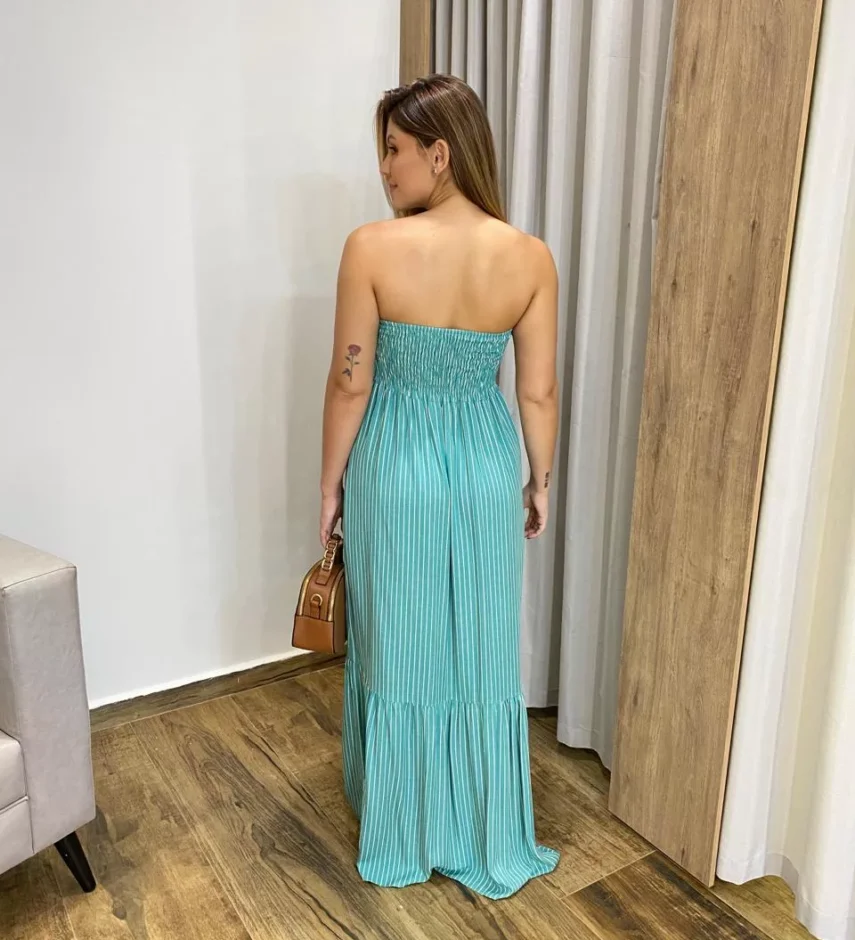 Vestido Longo sem Bojo com Amarração no Pescoço Verde Água Listrado - Fernanda Ramos Store