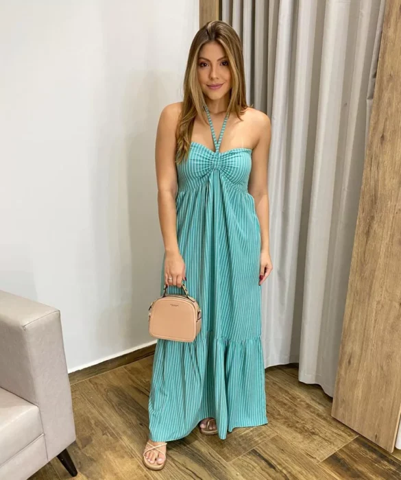 Vestido Longo sem Bojo com Amarração no Pescoço Verde Água Listrado - Fernanda Ramos Store