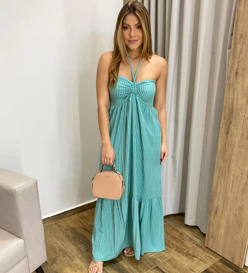 Vestido Longo sem Bojo com Amarração no Pescoço Verde Água Listrado - Fernanda Ramos Store