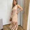 Vestido Longo sem Bojo de Malha Bege com Franjas - Fernanda Ramos Store