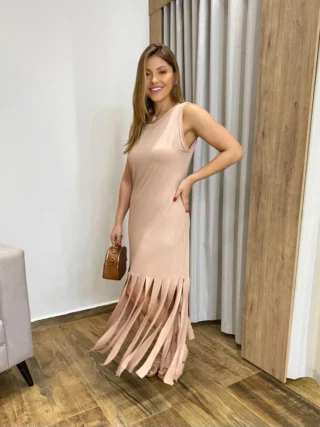 Vestido Longo sem Bojo de Malha Bege com Franjas - Fernanda Ramos Store