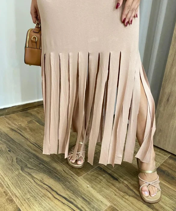 Vestido Longo sem Bojo de Malha Bege com Franjas - Fernanda Ramos Store