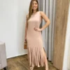 Vestido Longo sem Bojo de Malha Bege com Franjas - Fernanda Ramos Store