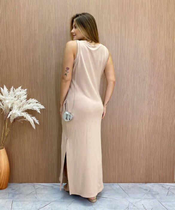 Vestido Longo sem Bojo de Malha com Bolsos Bege - Fernanda Ramos Store