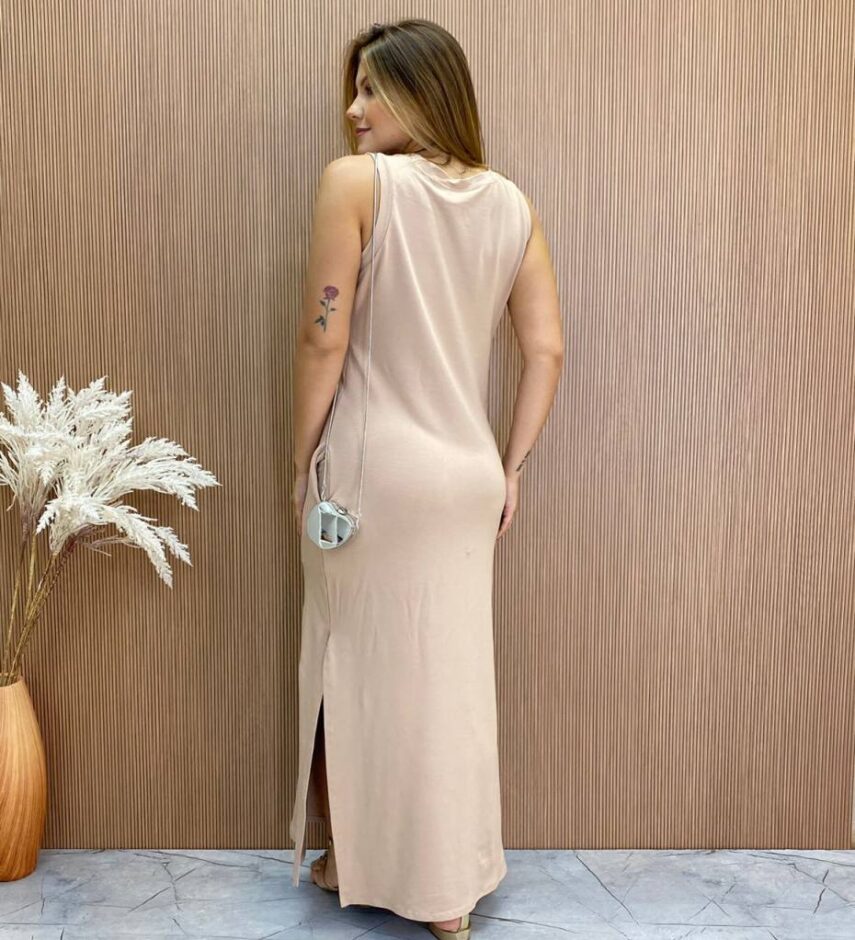 Vestido Longo sem Bojo de Malha com Bolsos Bege - Fernanda Ramos Store