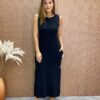 Vestido Longo sem Bojo de Malha com Bolsos Preto - Fernanda Ramos Store