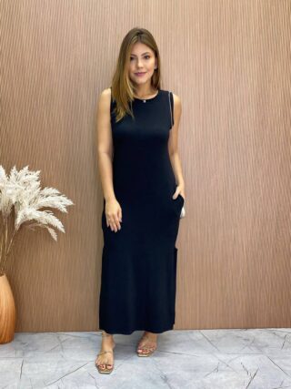 Vestido Longo sem Bojo de Malha com Bolsos Preto - Fernanda Ramos Store