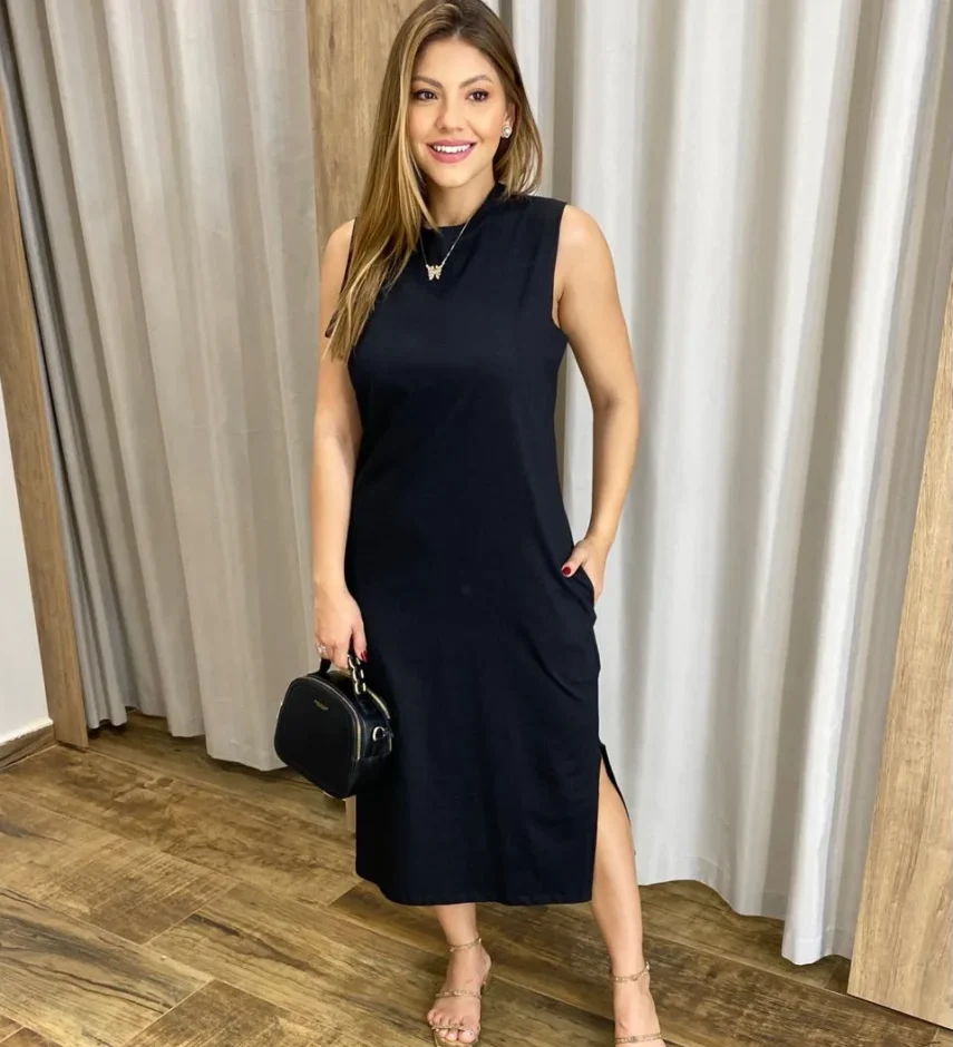 Vestido Longo sem Bojo de Malha com Bolsos Preto - Fernanda Ramos Store