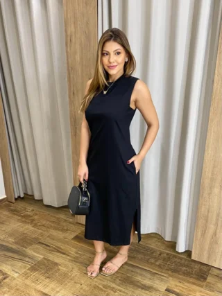 Vestido Longo sem Bojo de Malha com Bolsos Preto - Fernanda Ramos Store