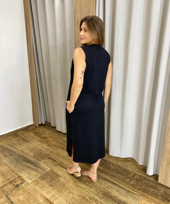 Vestido Longo sem Bojo de Malha com Bolsos Preto - Fernanda Ramos Store