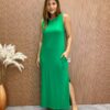 Vestido Longo sem Bojo de Malha com Bolsos Verde - Fernanda Ramos Store