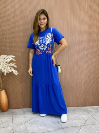 Vestido Longo sem Bojo de Malha Coração Tropical Azul - Fernanda Ramos Store