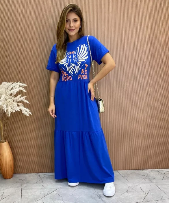 Vestido Longo sem Bojo de Malha Coração Tropical Azul - Fernanda Ramos Store