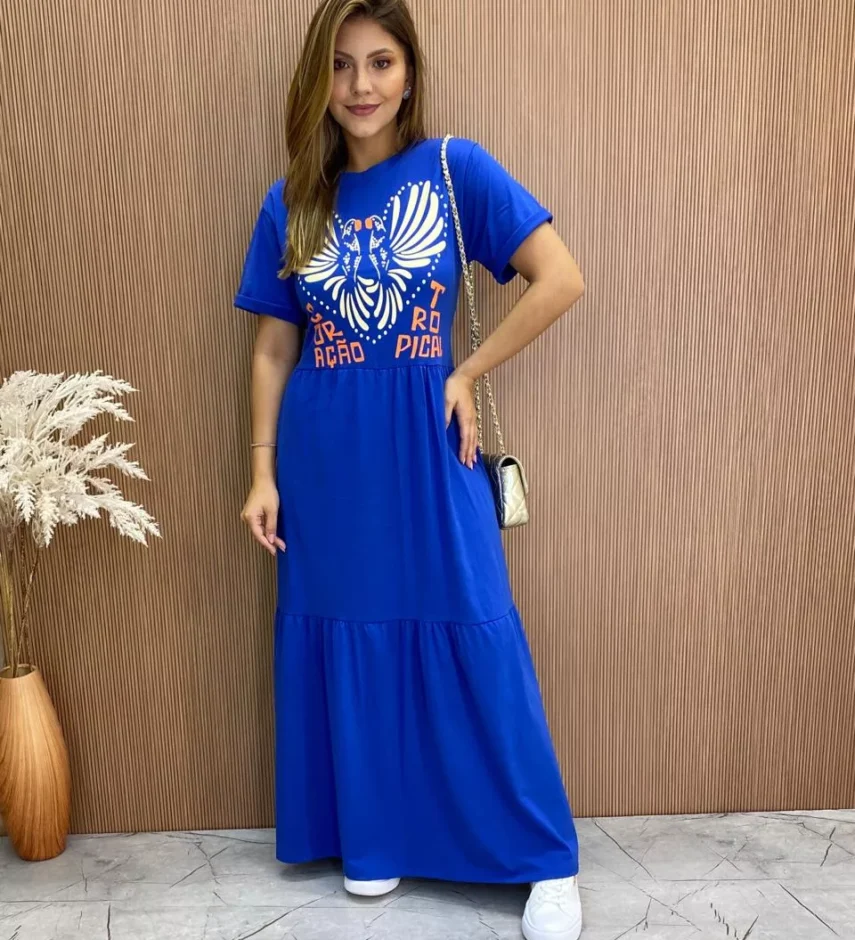 Vestido Longo sem Bojo de Malha Coração Tropical Azul - Fernanda Ramos Store